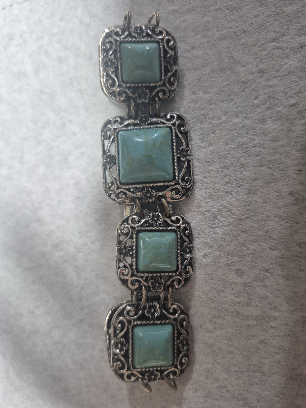 Vintage Southwestern Faux Turquoise Panel Bracelet Silver Tone Floral Bracelet